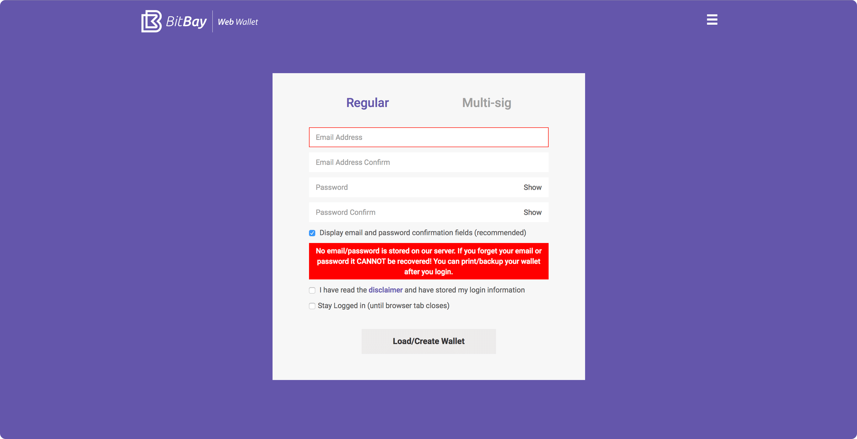 Bitbay Web Wallet: Repeated input fields for email and password.