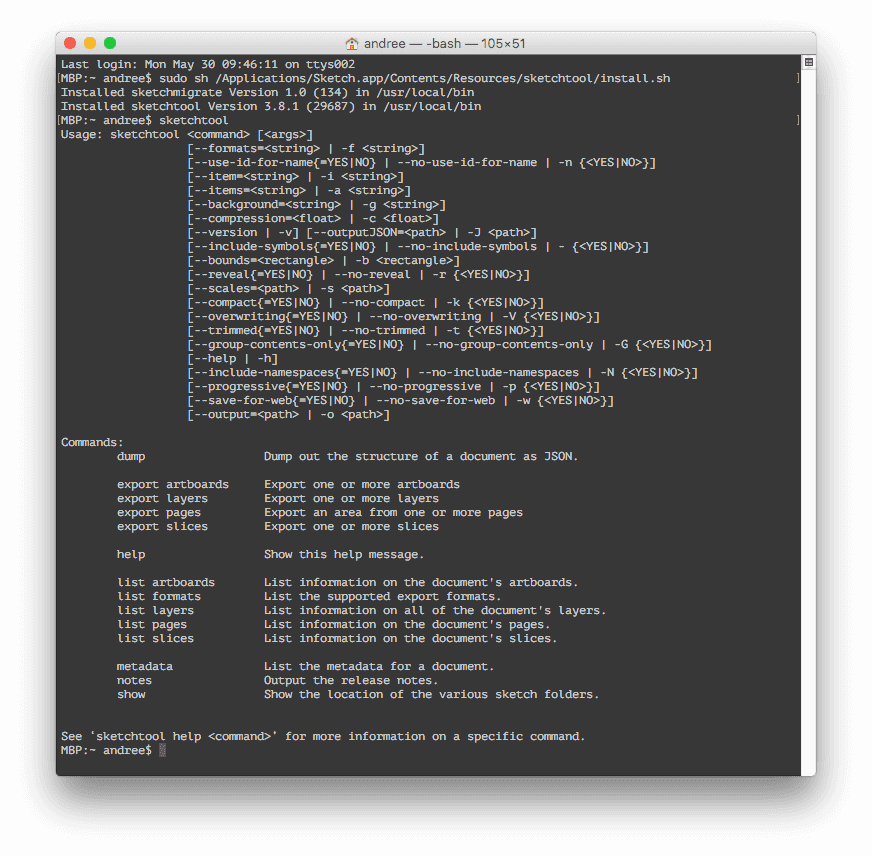 Screenshot 2: Sketchtool is successfully installed and shows what commands can be executed.